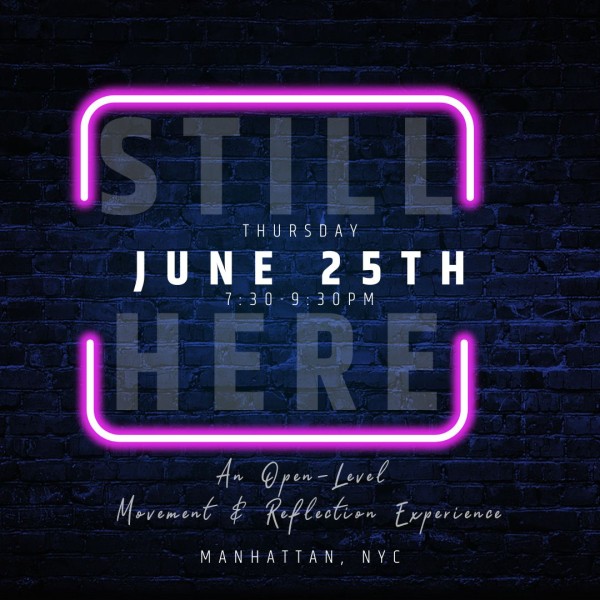 dark blue flyer with neon pink brackets and white text and blurred out STILL HERE
