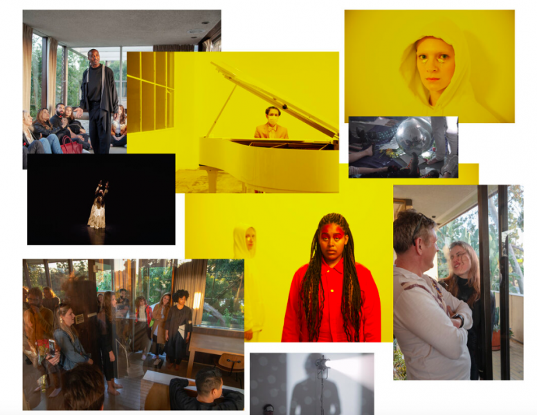 A collage of 7 images from various performance works created by artist Barnett Cohen