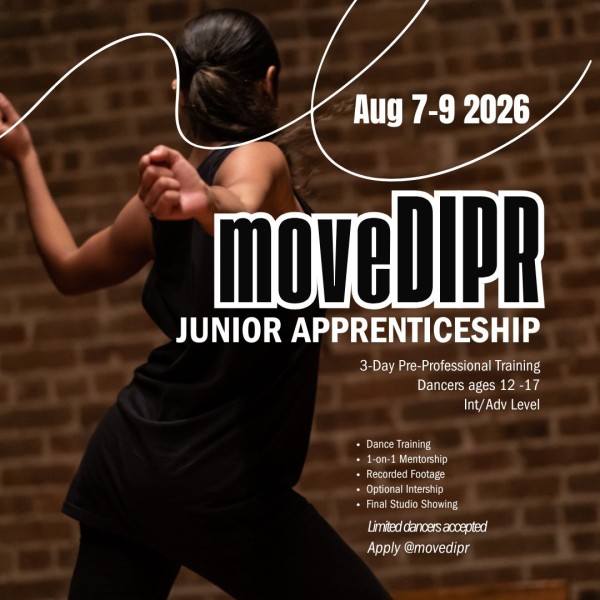 Latin girl facing back in the middle of movement and white text on flyer announcing program