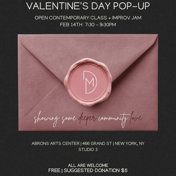 dark grey flyer + rose color envelope as an invite to a valentines day class and jam in white text 