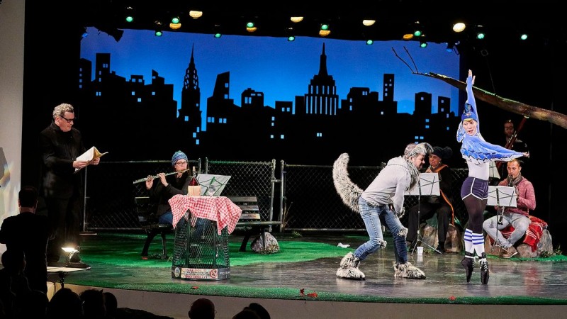 Pictured are the wolf and the bird from "Peter & the Wolf" at Works & Process.