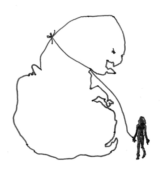 Drawing of a creature with a small woman holding it on a leash