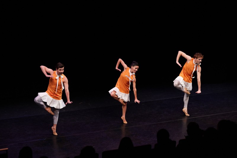 Three dancers of Tom Gold Dance from a 2024 performance at the Marlene Meyerson JCC Manhattan.