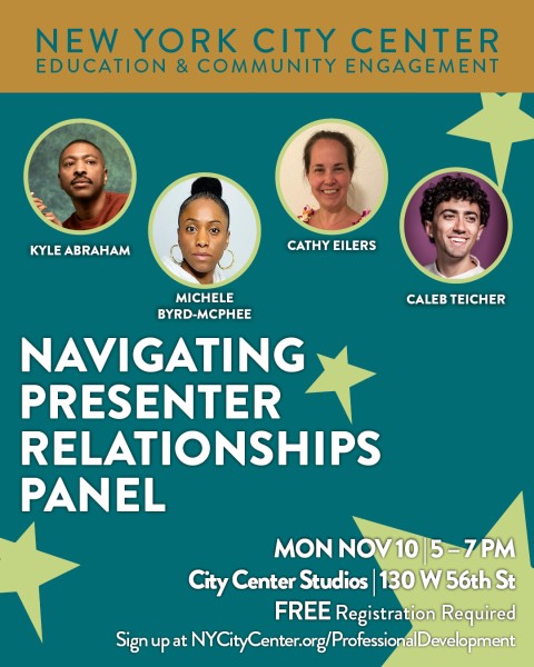 dark green background with light green stars and photos of four panelists; text about event