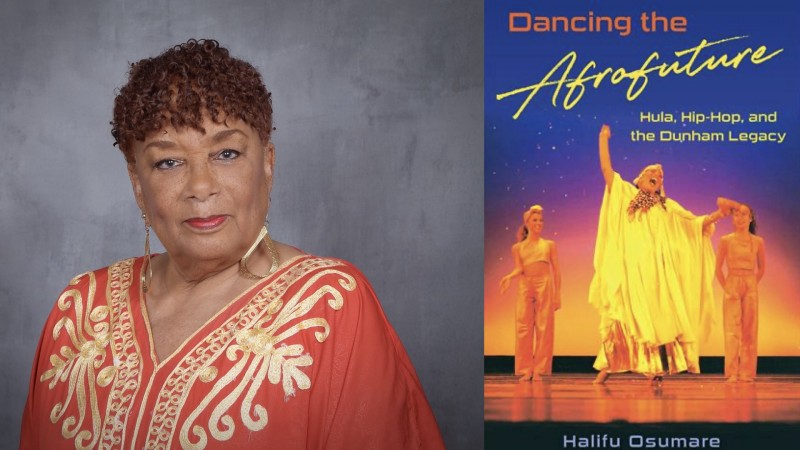 Halifu Osumare and the book cover for "Dancing the Afrofuture: Hula, Hip-Hop, and the Dunham Legacy"