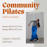 The right side of this image is a photo of Eva Solnick dancing. The left side of this image is a desciption of the class.