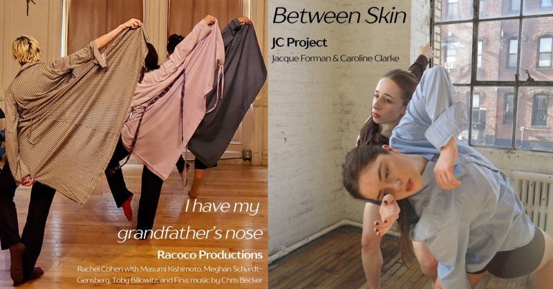 two images side by side; three dancers gracefully stretching bathrobes and two dancers sharing weight with elegant angularity 