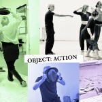 4 performers form a tableau in 4 photos of different colors; one holds a hat in front of his face. Text reads "Object:Action"