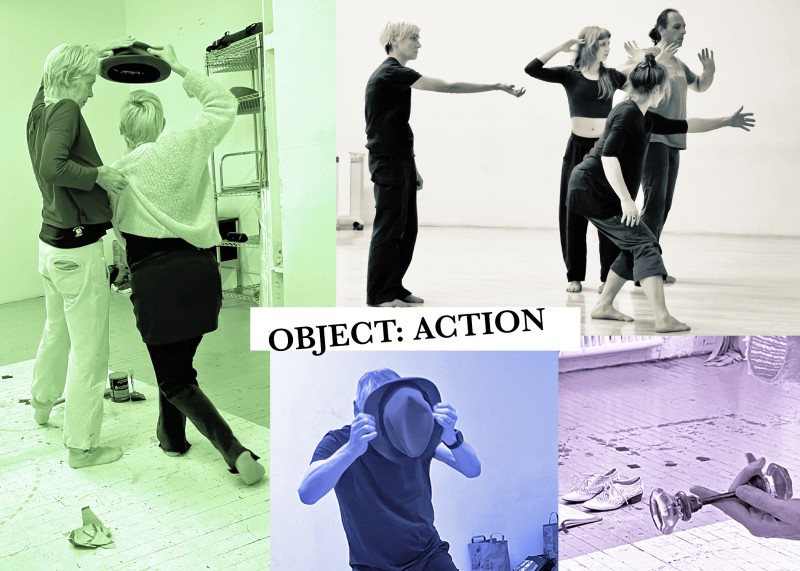 4 performers form a tableau in 4 photos of different colors; one holds a hat in front of his face. Text reads "Object:Action"