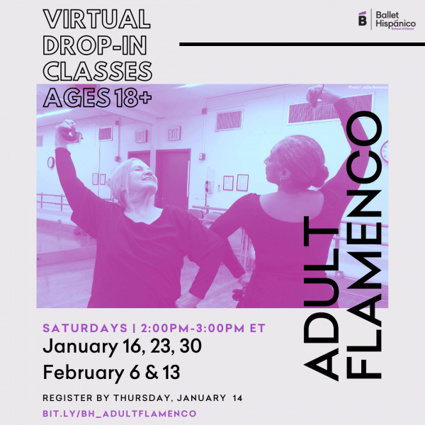 Two dancers face each other in flamenco pose. Text on the image includes class dates.