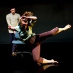 Performance photo of Ellie Goudie-Averill and Ed Rice in Jennifer Kayle's work at the Performance Garage in Philadelphia.