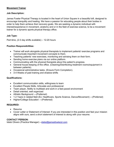 Movement Trainer - Physical Therapy Office - Job Description