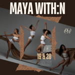 four female dancers in white jump and pose with brown fabric threaded in-between them