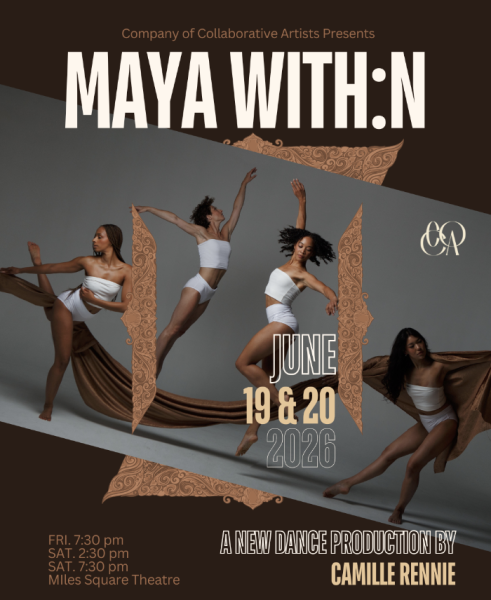 four female dancers in white jump and pose with brown fabric threaded in-between them
