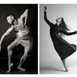 Dancer Peter Cheng draped in fabric, dancer Amy Saunder in a still dance pose looking up.
