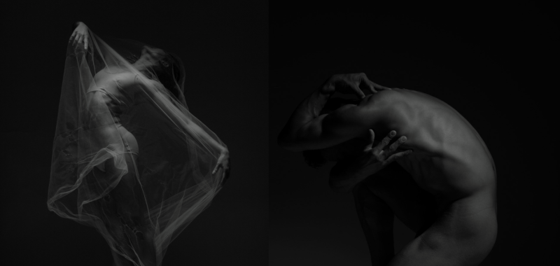 Two dancers side by side, shadowed in silhouette 