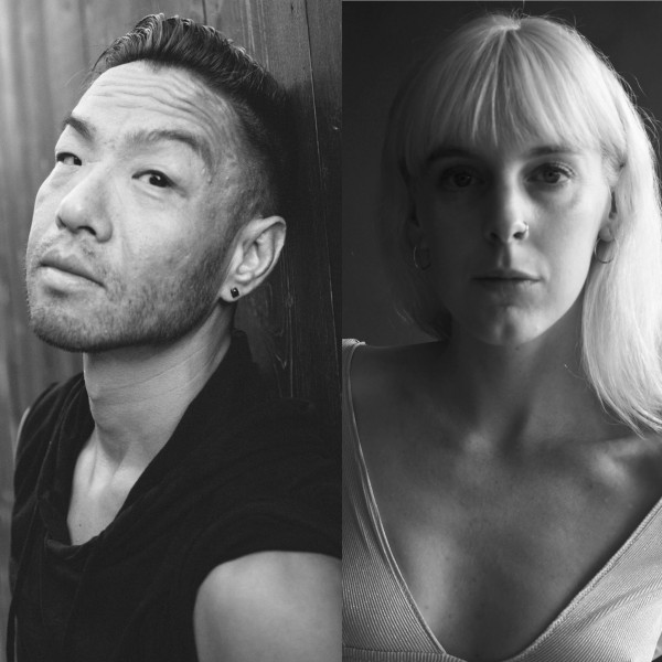 Two black and white headshots featuring teaching artists Carly and Peter