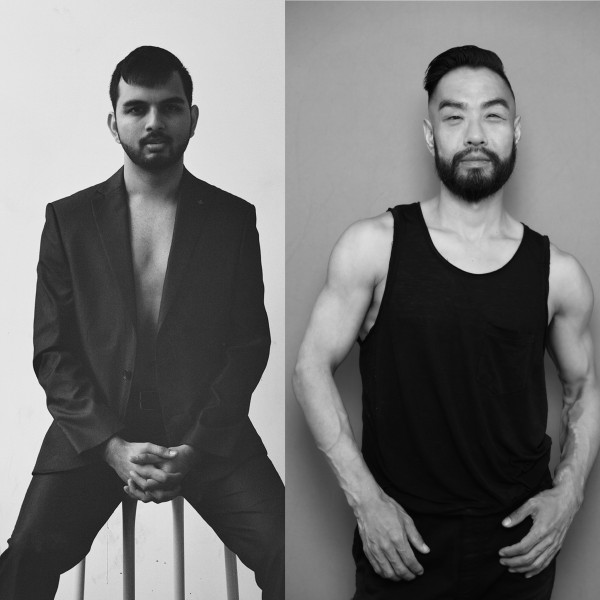 Black and white image of Play Motion Lab teachers Rohan and Peter side by side posing. 