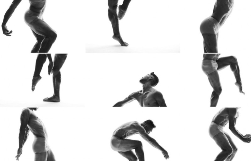 A black and white photograph of a male-identifying Asian dancer in various poses.