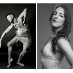 Dancer Peter Cheng draped in fabric, side profile of Amy looking into camera.