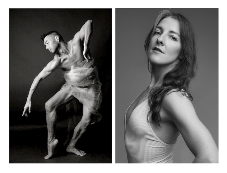 Dancer Peter Cheng draped in fabric, side profile of Amy looking into camera.