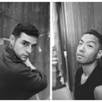 A black and white side-by-side image of Miguel and Peter