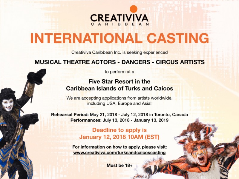 An image of the casting notice. Two performers in jungle animal costumes are in a dancing pose.