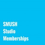 bright blue square with text reading "SMUSH Studio Memberships"
