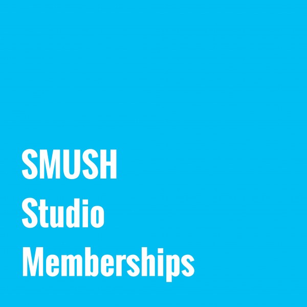 bright blue square with text reading "SMUSH Studio Memberships"