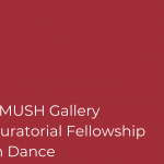Red rectangle with the words "SMUSH Gallery Curatorial Fellowship in Dance" in white type