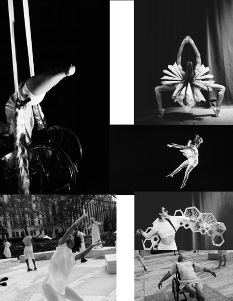 black and white photo collage of dancers in various shapes in middair and grounded