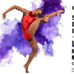 Female dancer in red costume with one stretched to the side and the other holding up the opposite leg pointing upward