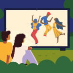 cartoon image of audience members watching a dance-film outdoors.