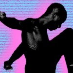 A Black man dancing with his arms extended back and his head forward, on a striped blue and pink back ground. 