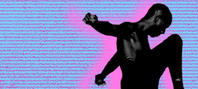 A Black man dancing with his arms extended back and his head forward, on a striped blue and pink back ground. 