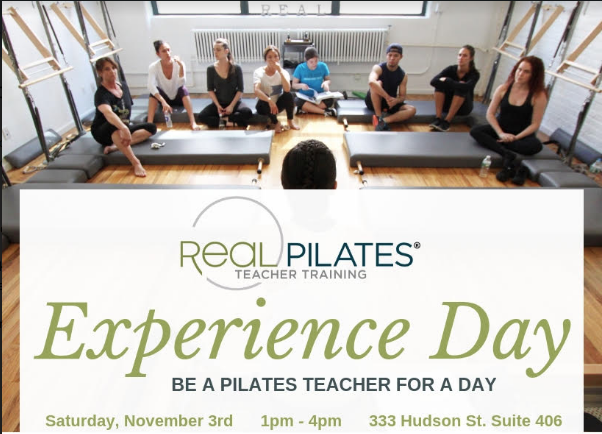 Group listening to lecture in Pilates Studio. Text reads: "Real Pilates Teacher Training. Experience Day"