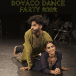 Bold green text at the top of image reads "Rovaco Dance Party 2022." Two dancers wearing traditional Indian kurtas rest below.