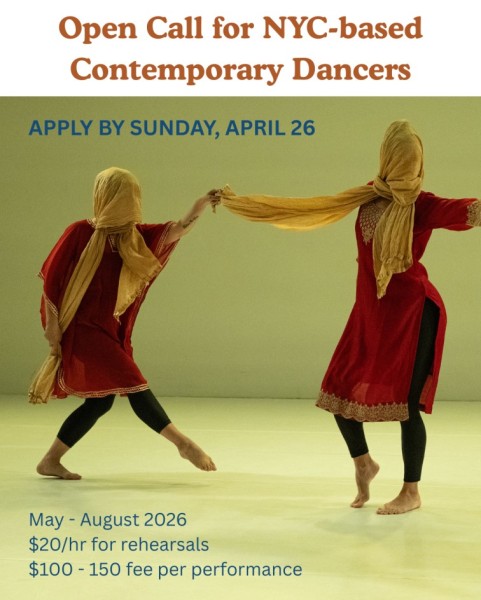 Poster with text, featuring an image two dancers in traditional Indian attire with scarfs that are tied around their head.