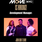 Promotional poster for MOVE|NYC&rsquo;s Development Manager position with 3 individuals posed in the center.