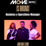 Promotional poster for MOVE|NYC’s Business & Operations Manager position with 3 individuals posed in the center.