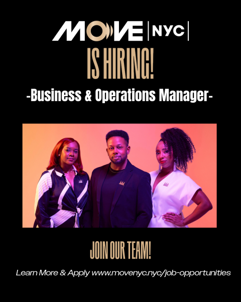 Promotional poster for MOVE|NYC&rsquo;s Business & Operations Manager position with 3 individuals posed in the center.