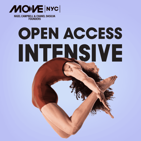 Promotional poster for MOVE|NYC’s OPEN ACCESS Intensive with a dancer in a rust-colored biketard performing a high, arched jump.