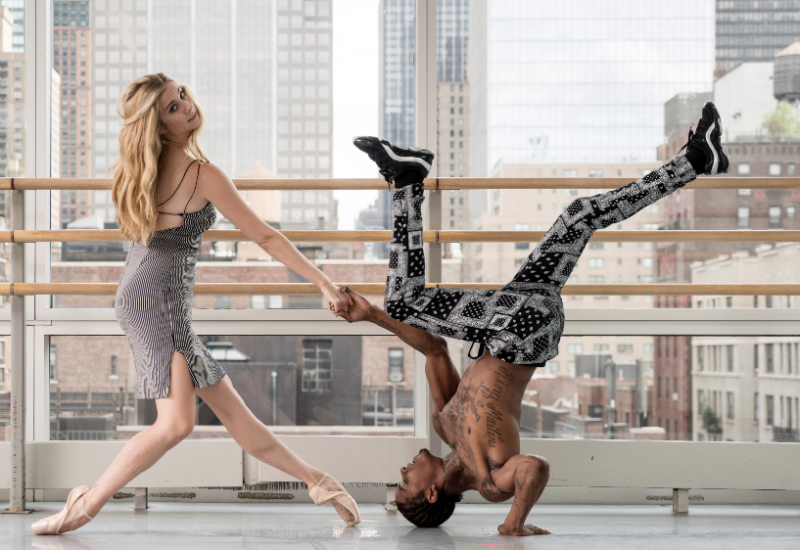 From left to right: dancer Michele Wiles on point shoes with dancer Jay Donn, holding hands with Michele while upside-down