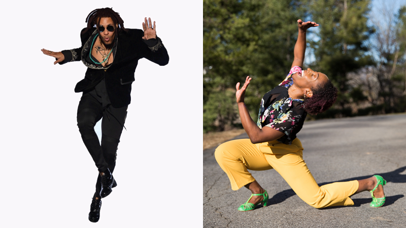 On the left: Omar Edwards tap dancing. On the right: LaTasha Barnes dancing.