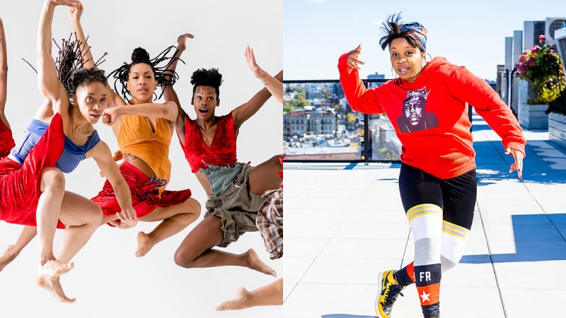 On the left: a group photo of Urban Bush Women. On the right: a photo of Cheri L. Stokes.