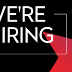 "WE'RE HIRING" in white on a black background. A red gradient star protrudes from the bottom right corner. "WWW.PENTACLE.ORG"