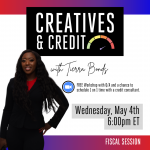 Tierra stands on the right wearing a black suit and red shirt, with her hair worn down. "CREATIVES & CREDIT | with Tierra Bonds"