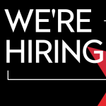 "WE'RE HIRING" is in large white letters, partially framed by a white rectangle on a black background.