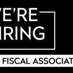 "WE'RE HIRING" in white letters on a back blackground anchored to a white rectangle. "Fiscal Associate" is next to a red star