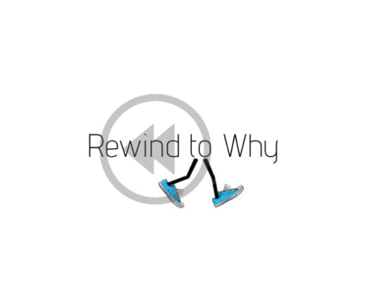 Text Rewind to Why overlaid over a rewind icon with two feet walking the opposite way